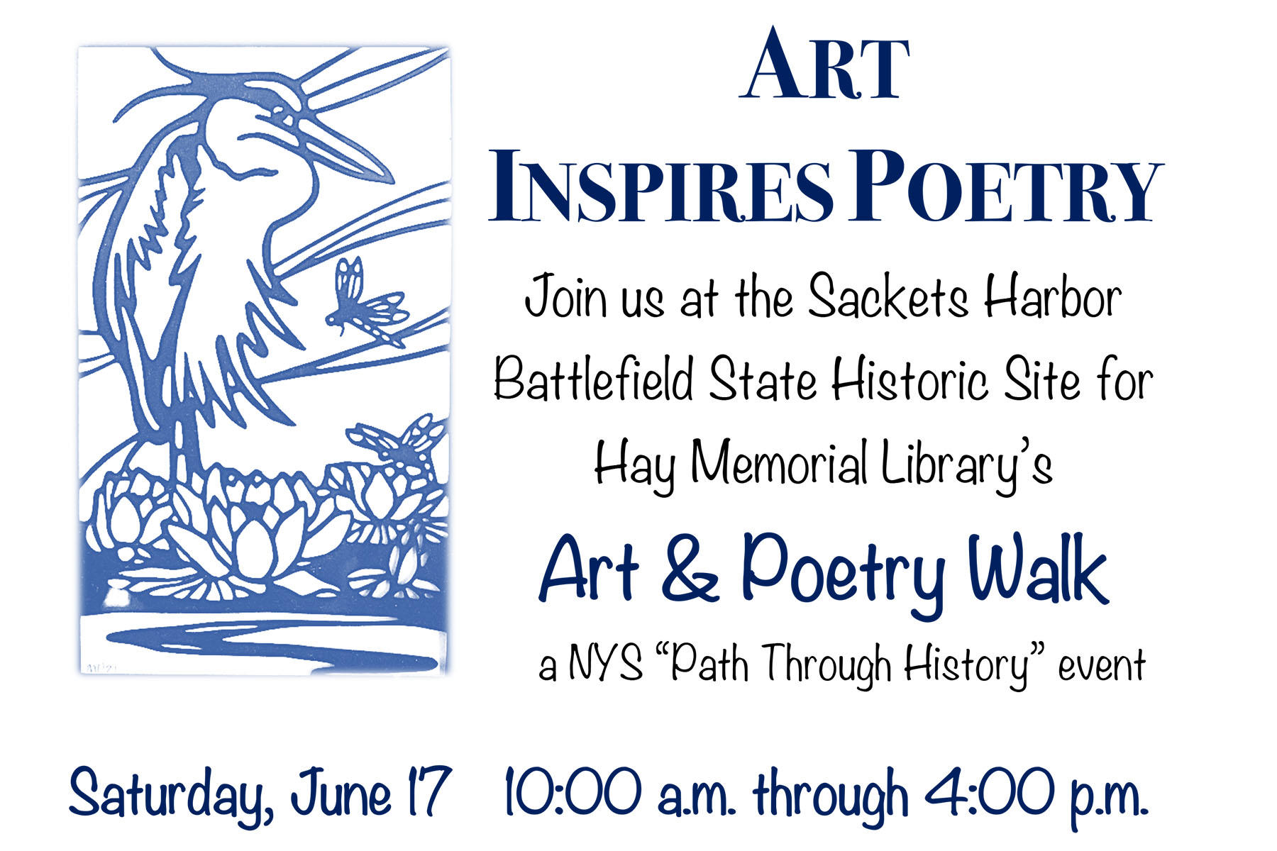 Cropped version of Hay Memorial Library's event flyer for the Art and Poetry Walk