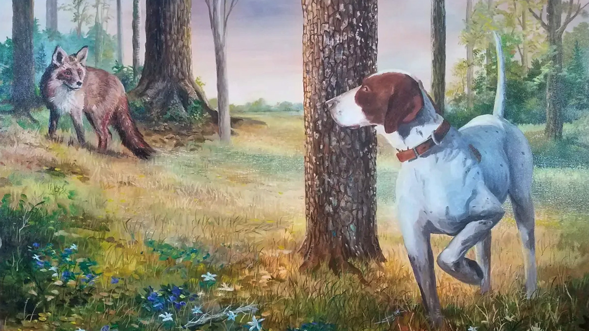 Photograph of framed oil on canvas piece by artist Jerry Merrill, featuring a dog and a fox in the woods