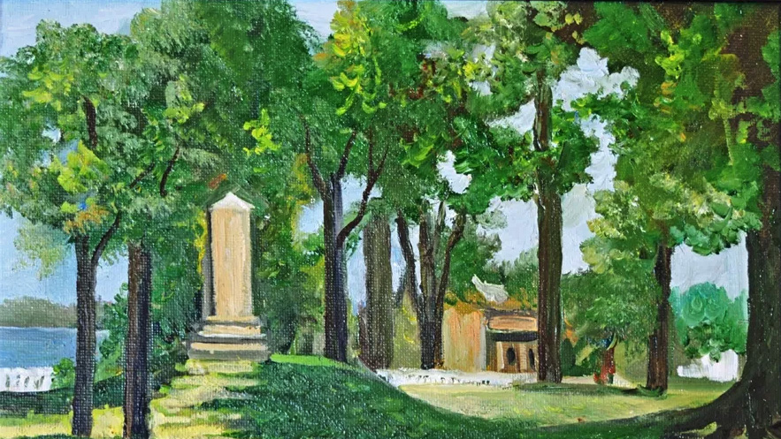 Photo of a painting of the Sackets Harbor Battlefield, made during the 2022 Plein Air Art Festival