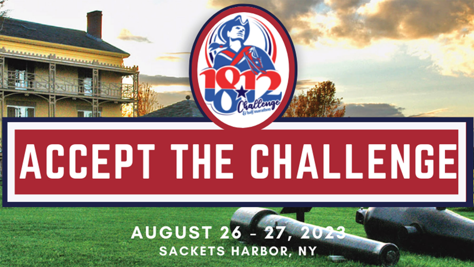 Cropped version of the 18.12 Challenge banner (features the 18.12 Challenge logo and 2023 information on top of a photo of the Sackets Harbor Battlefield State Historic Site)