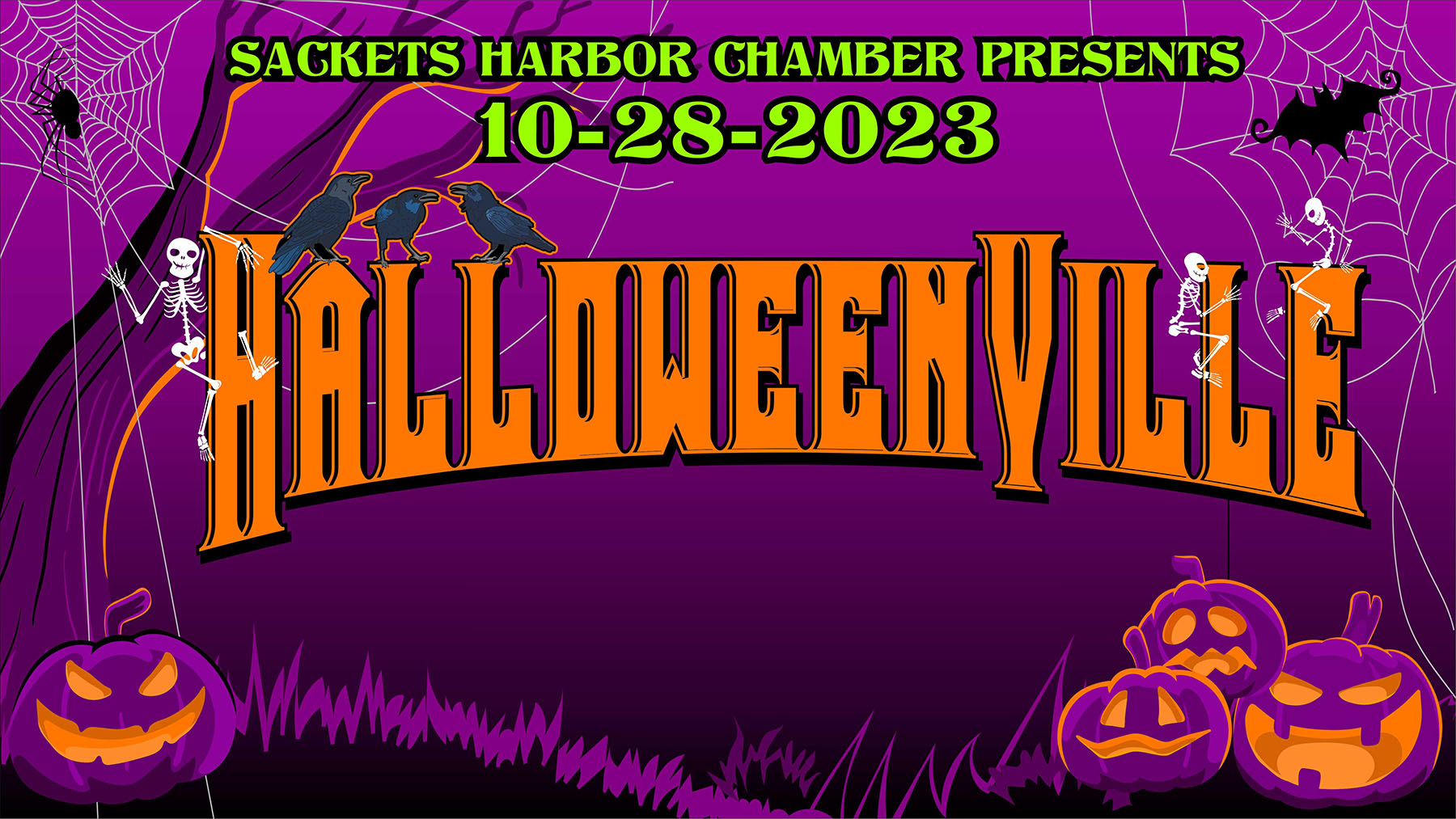 Colorful banner for the 2023 HalloweenVille event in Sackets Harbor