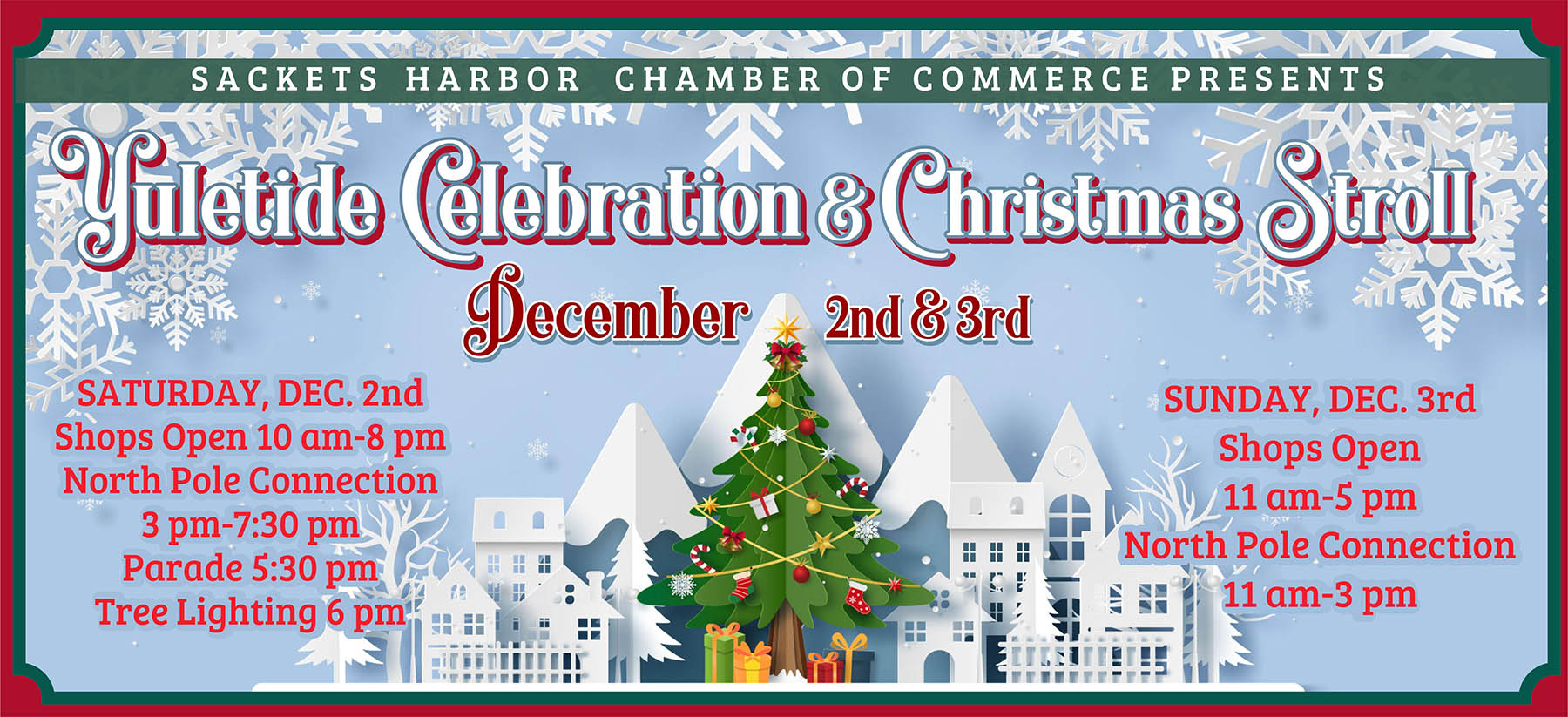 Banner ad for the 2023 Sackets Harbor Yuletide Celebration and Christmas Stroll