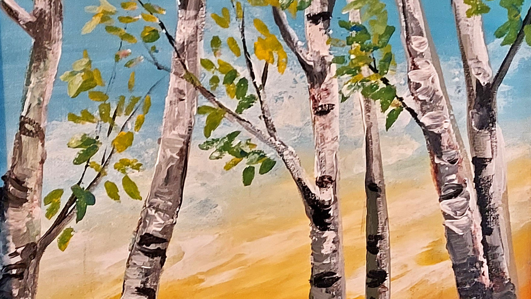 Cropped portion of an acrylic landscape painting by local artist Beth White showing trees as the light changes