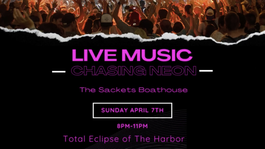 Cropped version of The Boathouse's flyer for its Eclipse Party on April 7th with live music by Chasing Neon