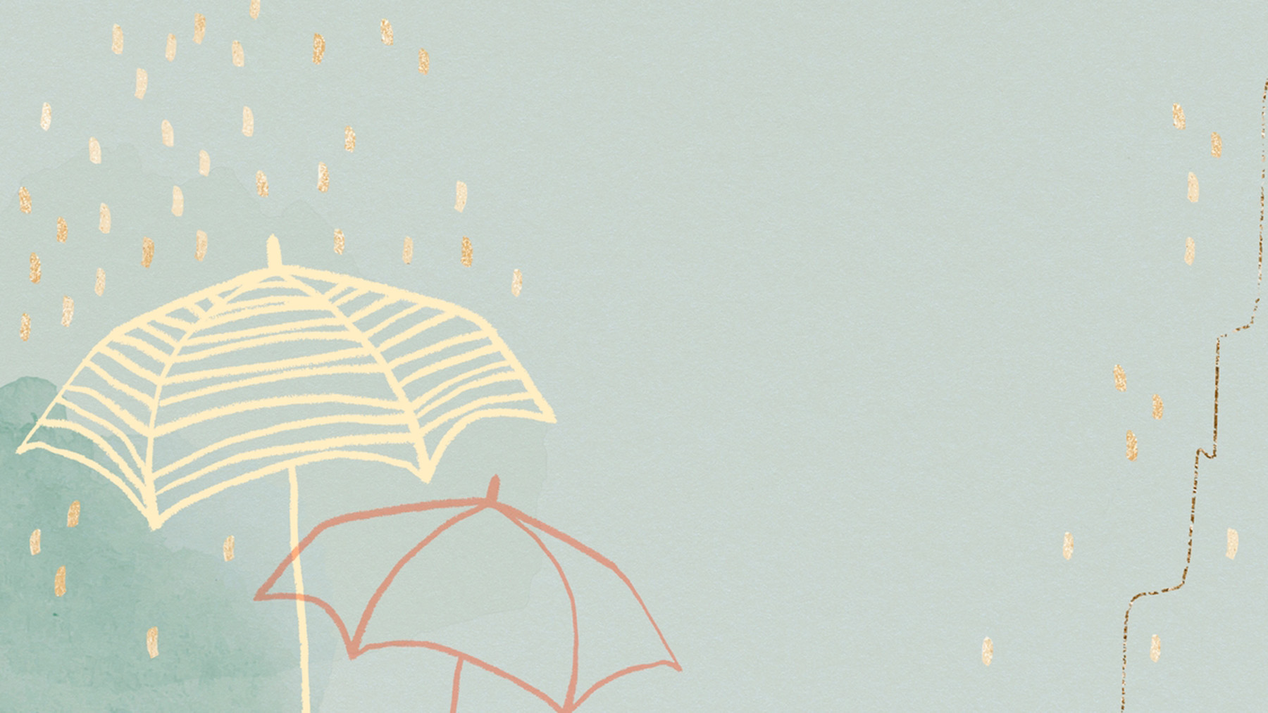 Green watercolor with illustrated rain and umbrellas in cream, orange, and gold (Image by RawPixel.com)