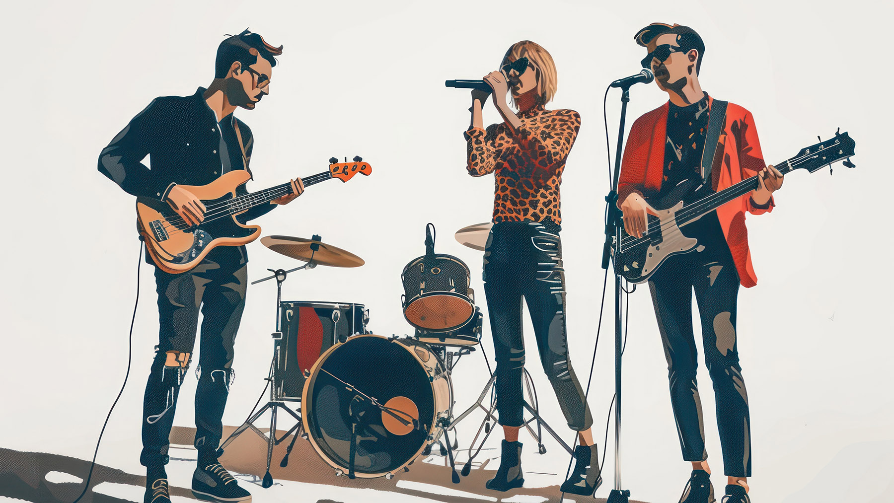 Color illustration of a three-member band performing guitar, drums, and vocals (Stock image courtesy of RawPixel.com)