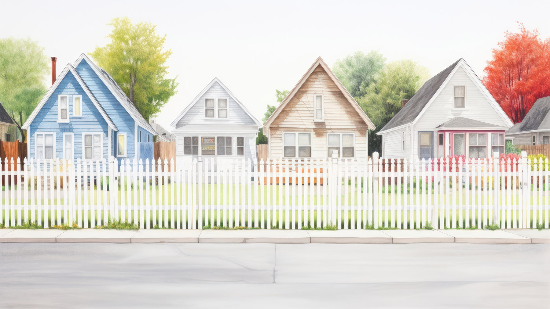 Colored pencil drawing of a row of houses behind a picket fence (Stock image by RawPixel.com)