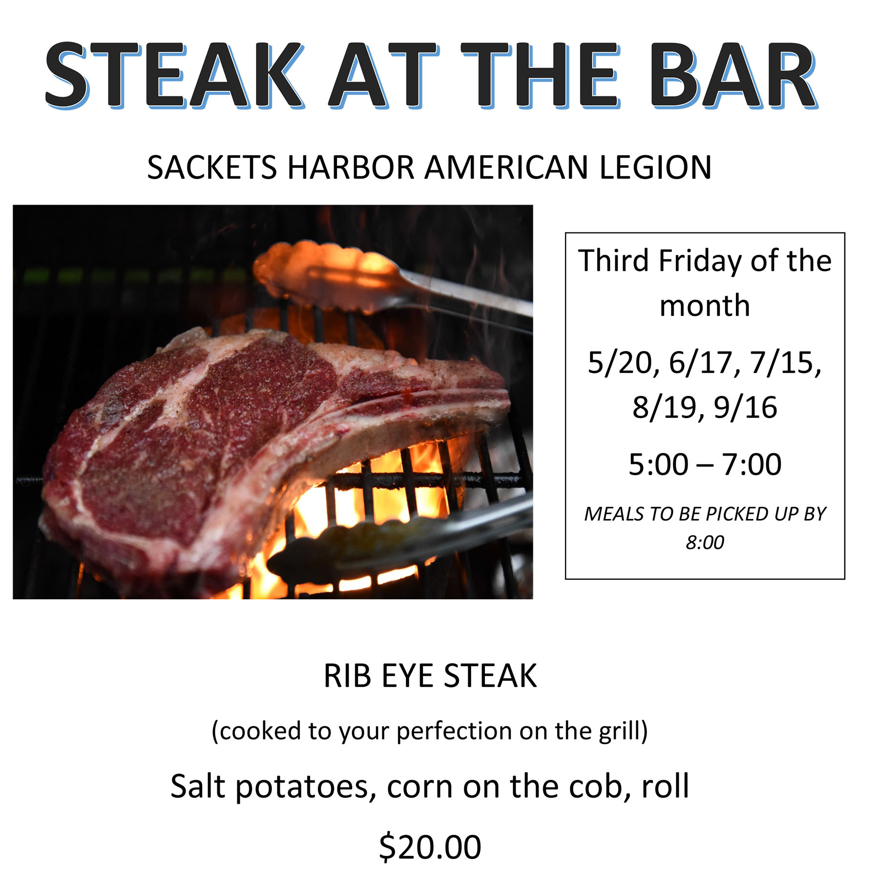 Flyer for the Steak at the Bar event at the Sackets Harbor American Legion